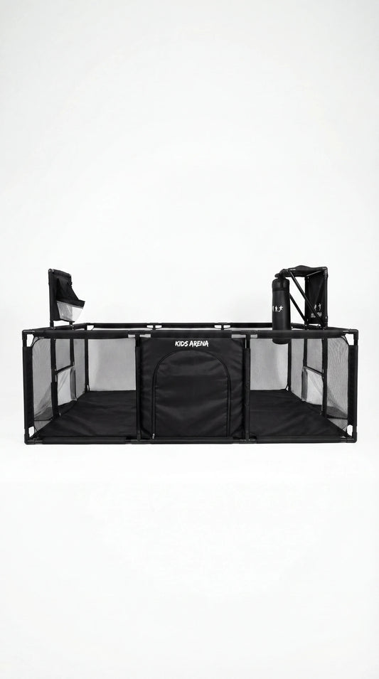 Kids Arena speelbox van voren, met de rits-deur en mesh-wanden